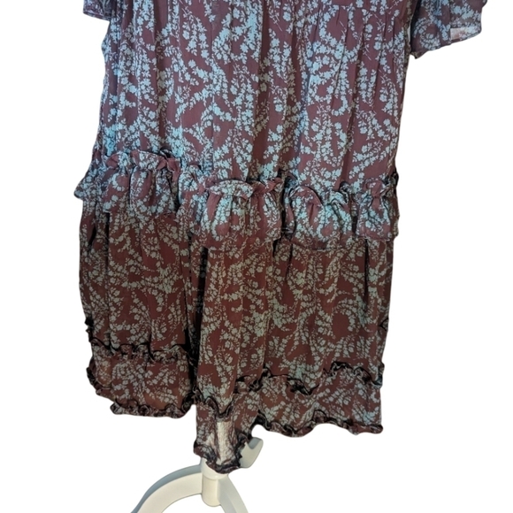 New Whimsigoth Mini Dress ruffled tiered brown/ blue Print flowy NWT sz S - Picture 3 of 13